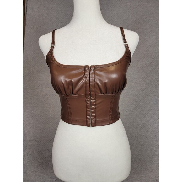 Windsor Brown Faux Leather Cropped Corset Junior Small Hook Front Strap Sleeve - Picture 1 of 9